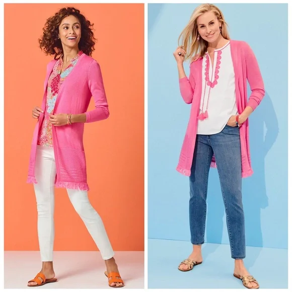 TALBOTS XL Textured Fringe Cardigan in Hot Pink • Open Front Spring Lightweight - Picture 9 of 10